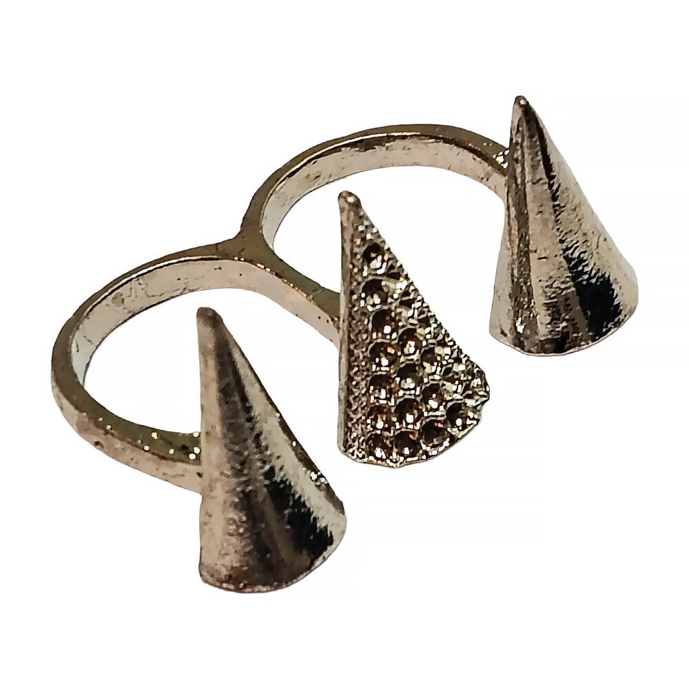 Silver Tone Rounded Textured Triangle Knuckles Two-Finger Ring - Style 335